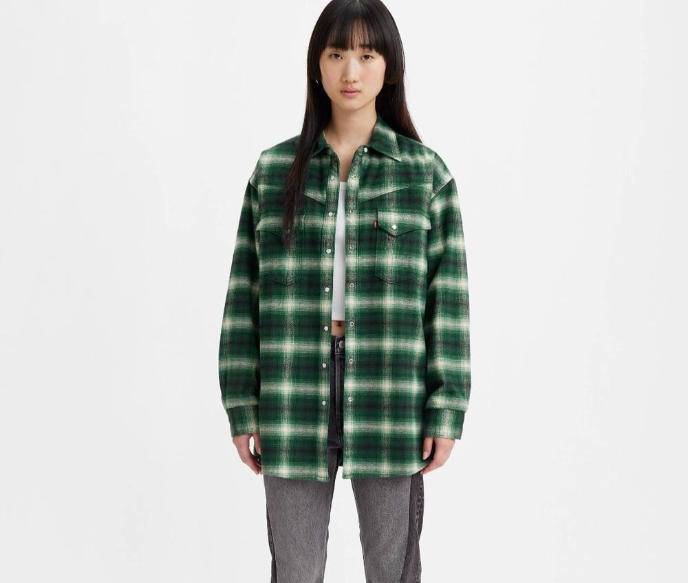 Levi's Dorsey Western Shirt Flannel Women's Pearl Snap Green Plaid Sz XS